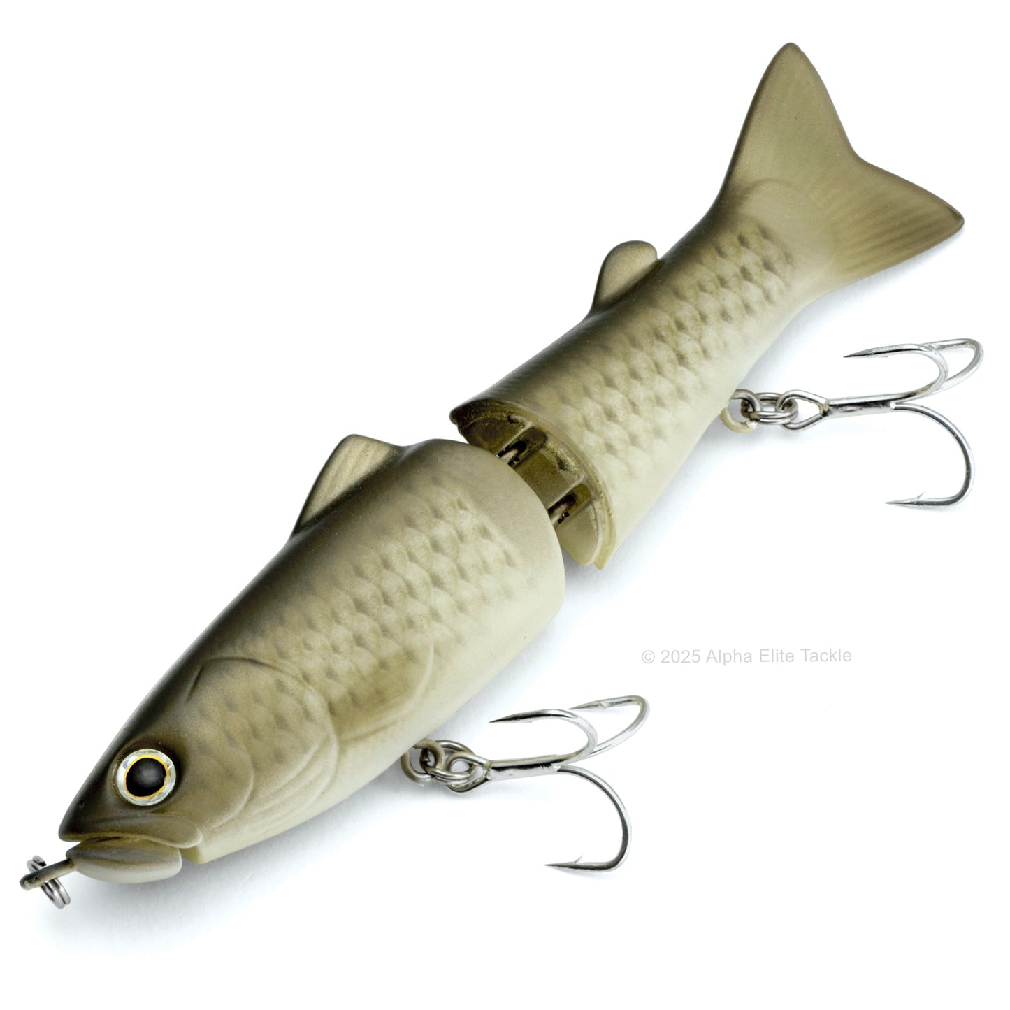 Fishing lure shaped like a fish with treble hooks on a white background