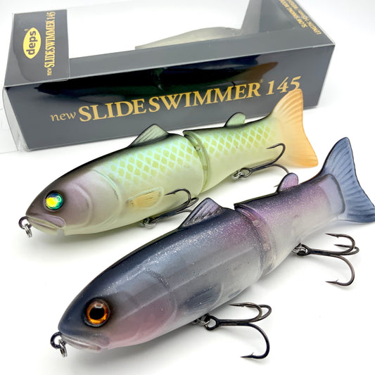 two Deps New Slide Swimmer 145SS Swimbaits on a white background