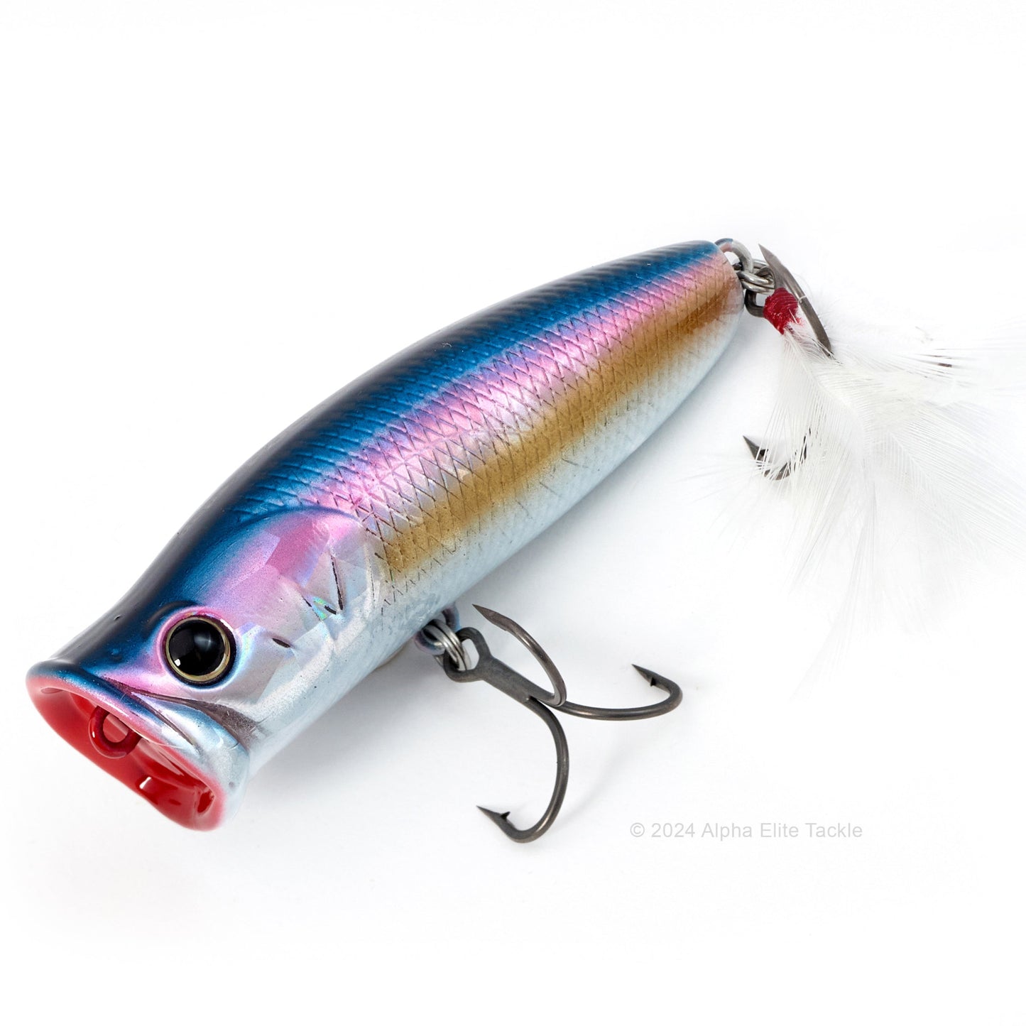 Close up of the Deps Pulsecod Topwater Popper in the color American Shad on a white background