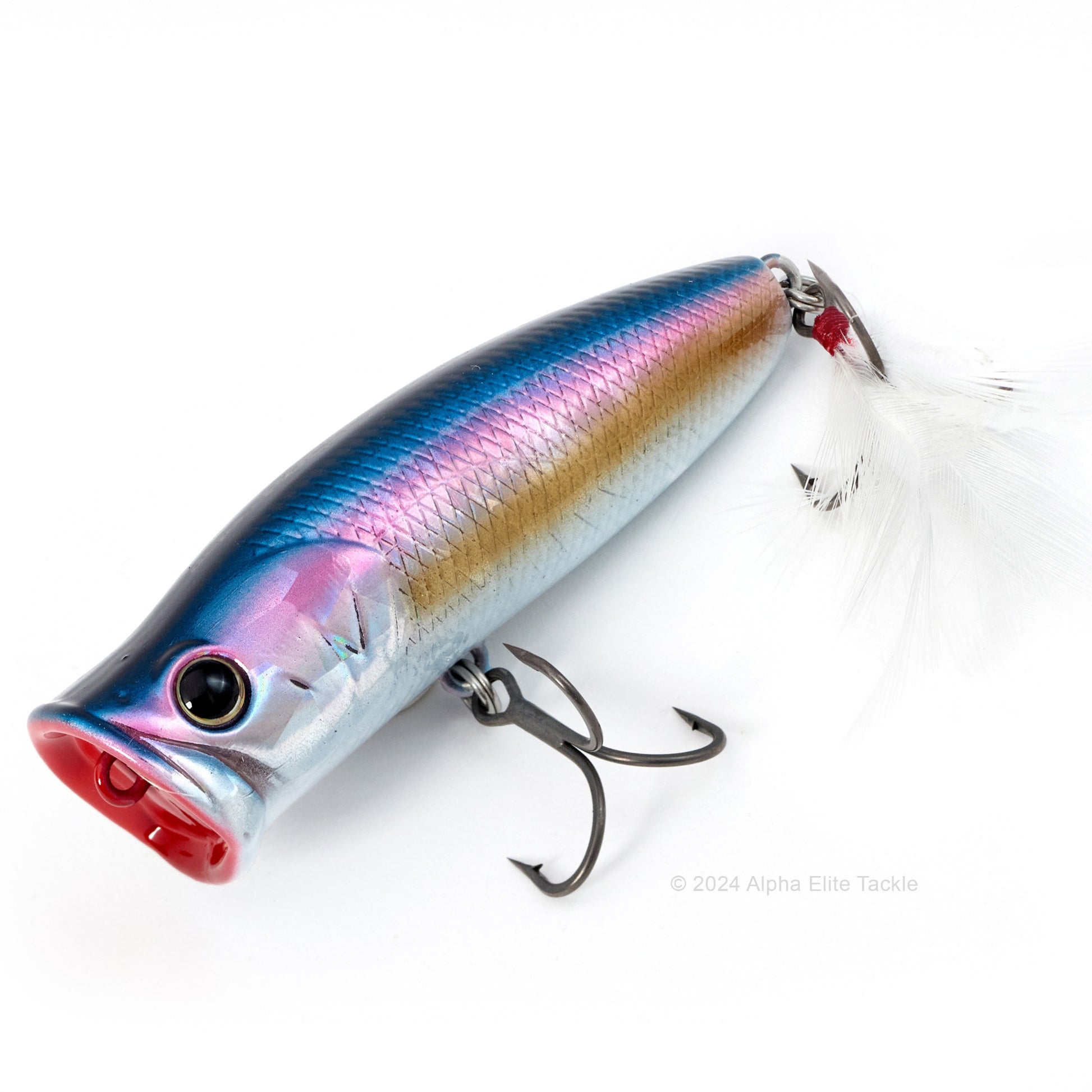 Close up of the Deps Pulsecod Topwater Popper in the color American Shad on a white background