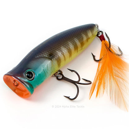 Close up of the Deps Pulsecod Topwater Popper in the color Bluegill on a white background