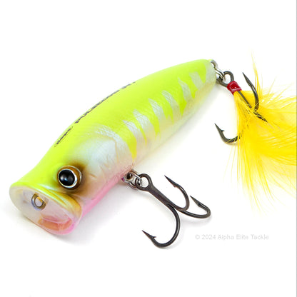 Close up of the Deps Pulsecod Topwater Popper in the color Chartreuse Oikawa on a white background