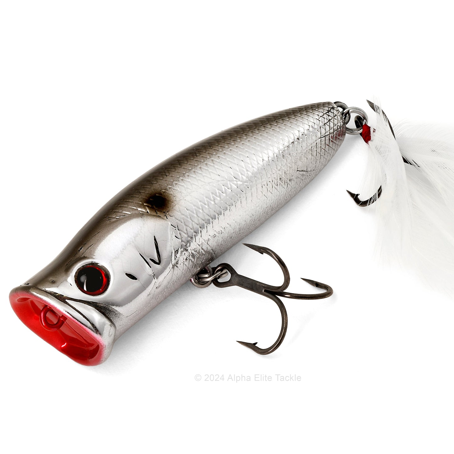 Close up of the Deps Pulsecod Topwater Popper in the color Chrome Black Back on a white background