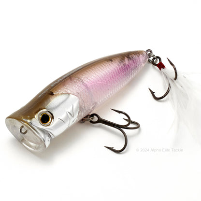 Close up of the Deps Pulsecod Topwater Popper in the color Clear Wakasagi on a white background