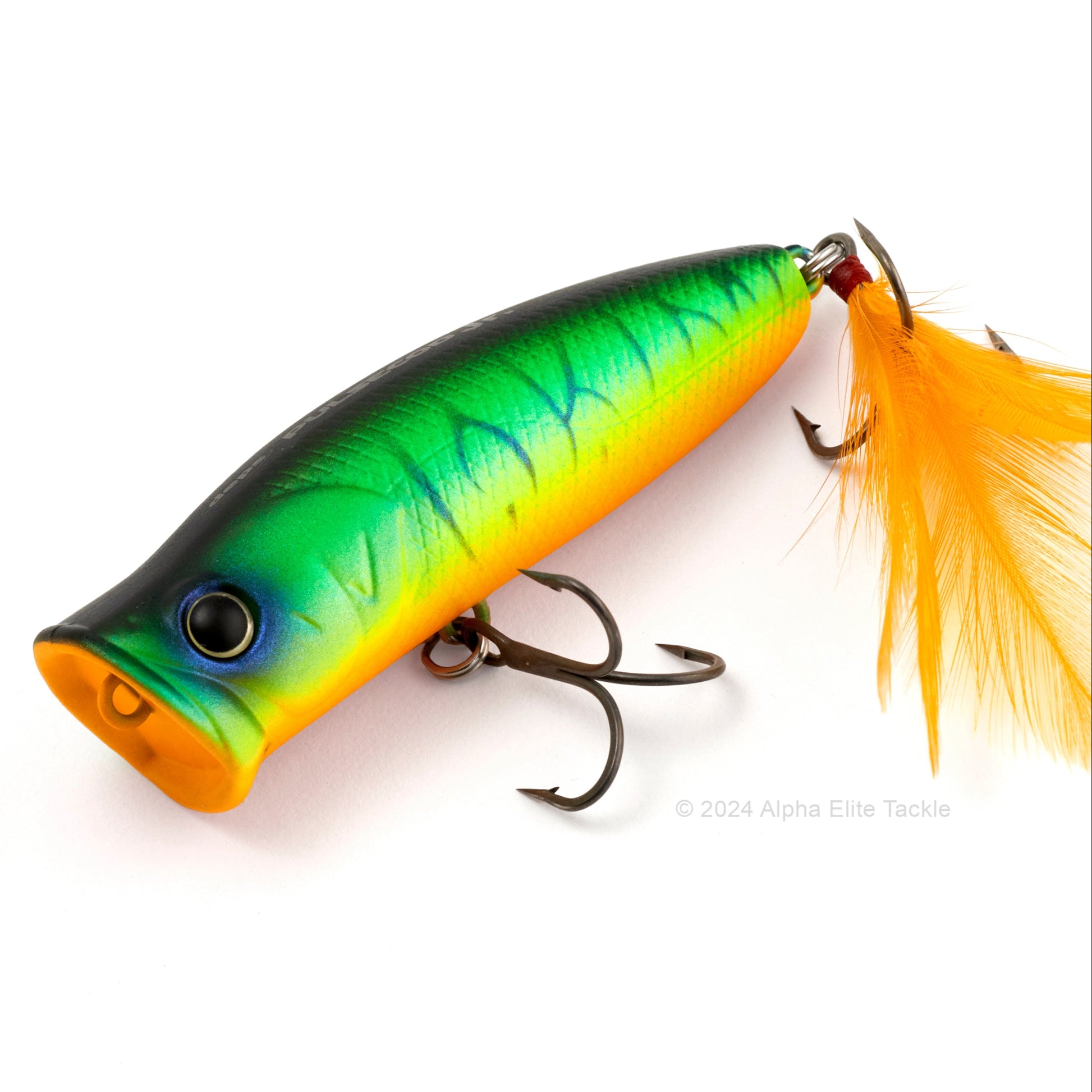 Close up of the Deps Pulsecod Topwater Popper in the color Hot Tiger on a white background