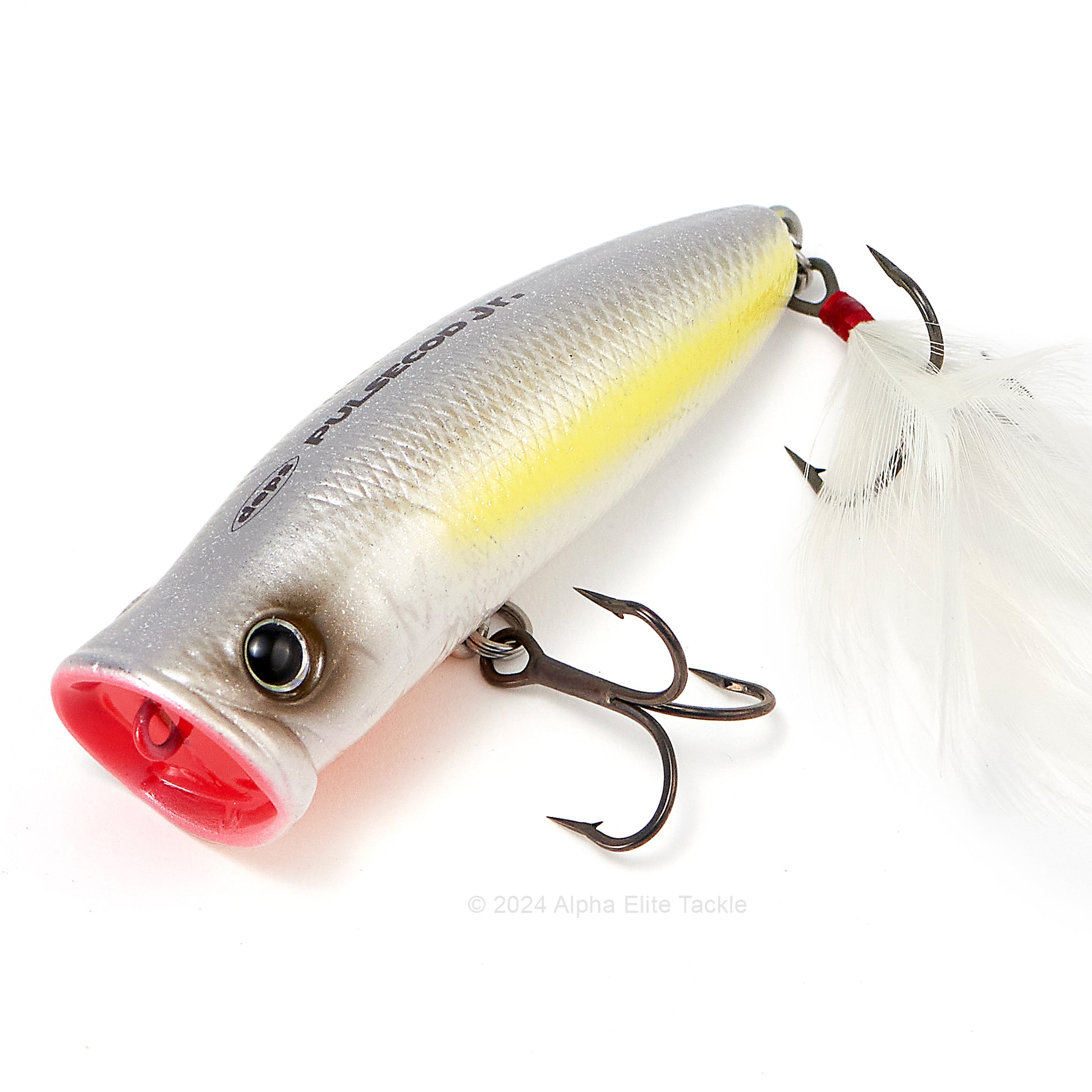 Close up of the Deps Pulsecod Topwater Popper in the color Pearl White Shiner on a white background