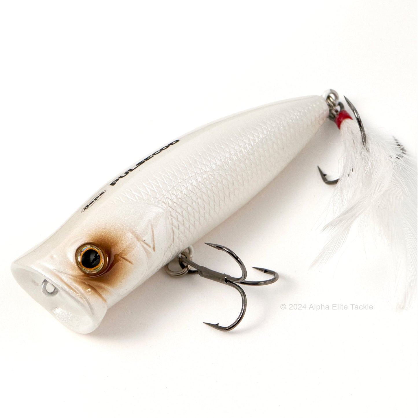 Close up of the Deps Pulsecod Topwater Popper in the color Pearl White on a white background