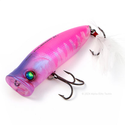 Close up of the Deps Pulsecod Topwater Popper in the color Pink Scale on a white background