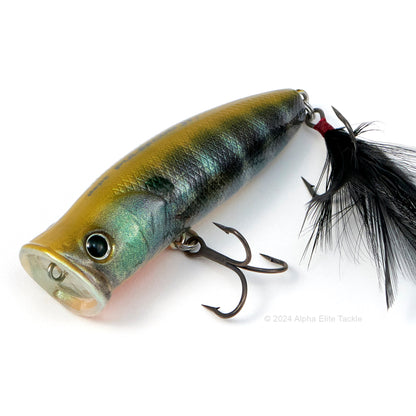 Close up of the Deps Pulsecod Topwater Popper in the color Real Bluegill on a white background