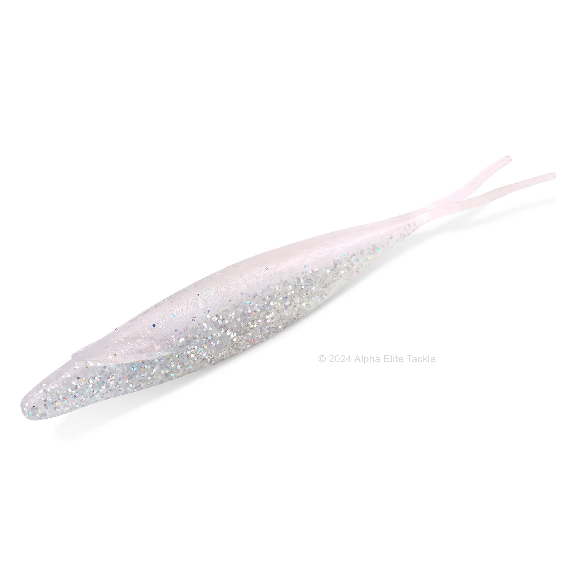 Close up of the Deps Sakamata Shad in the color Pearl Glitter on a white background.