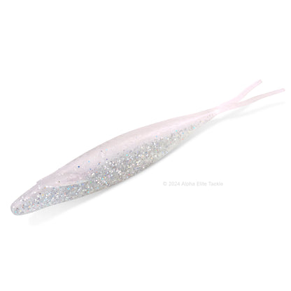 Close up of the Deps Sakamata Shad in the color Pearl Glitter on a white background.