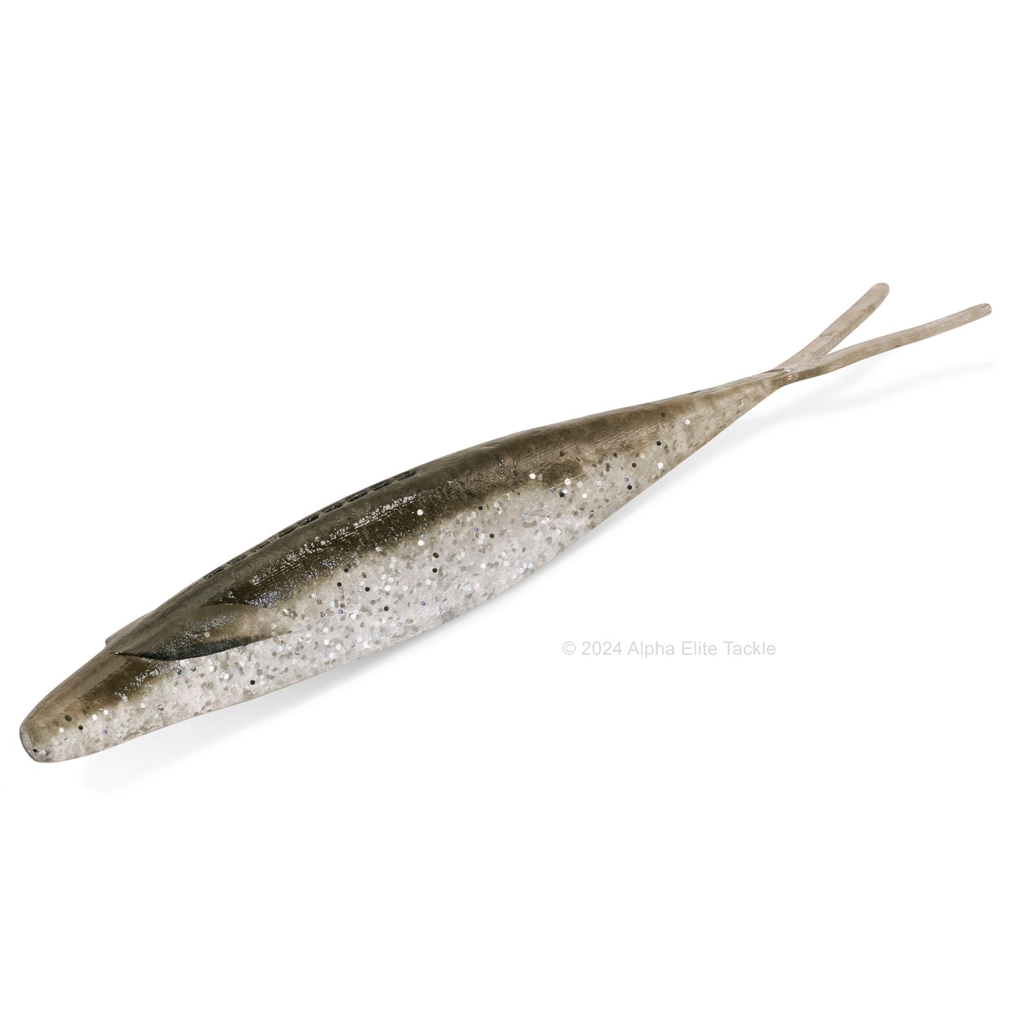 Close up of the Deps Sakamata Shad in the color Silver Shiner on a white background.
