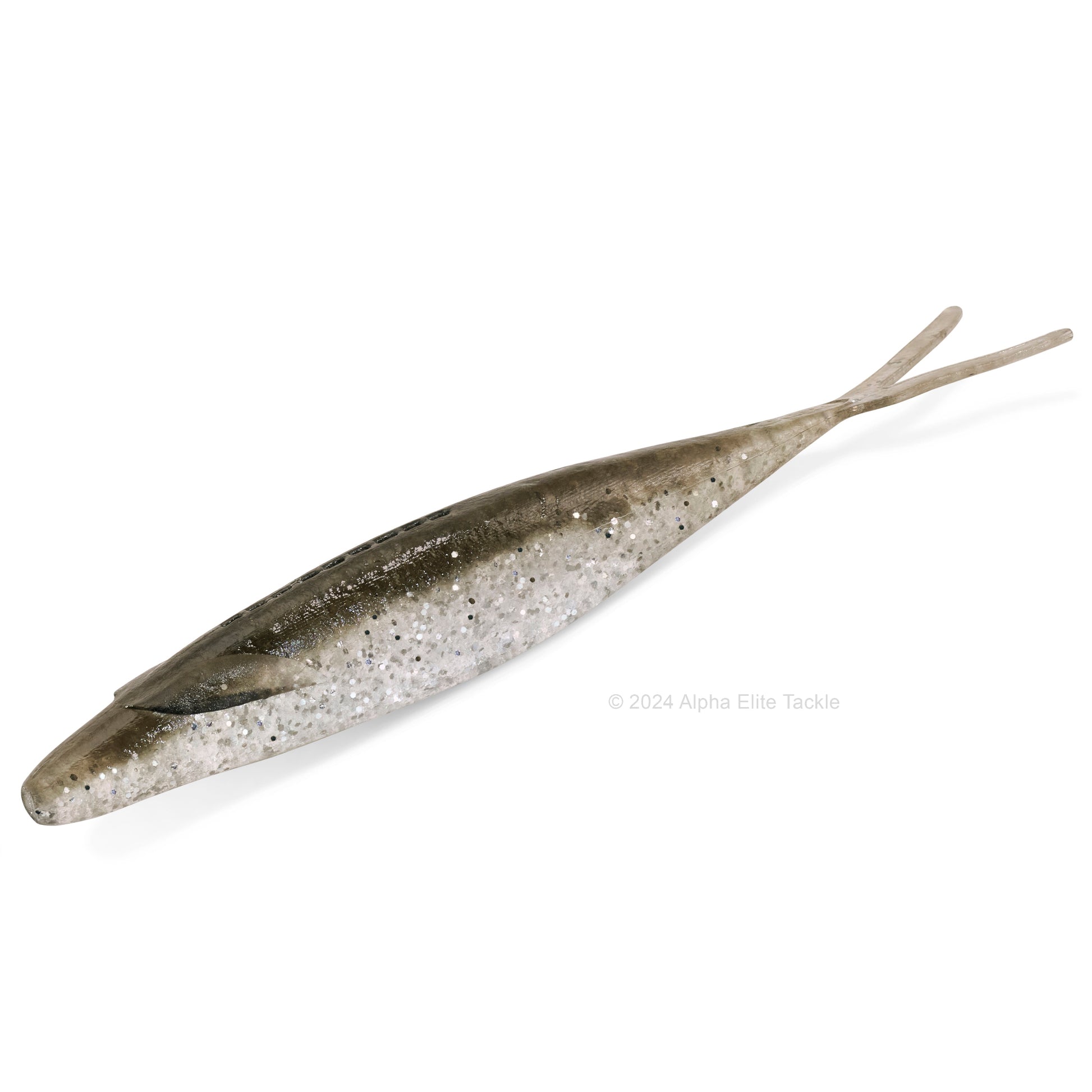 Close up of the Deps Sakamata Shad in the color Silver Shiner on a white background.