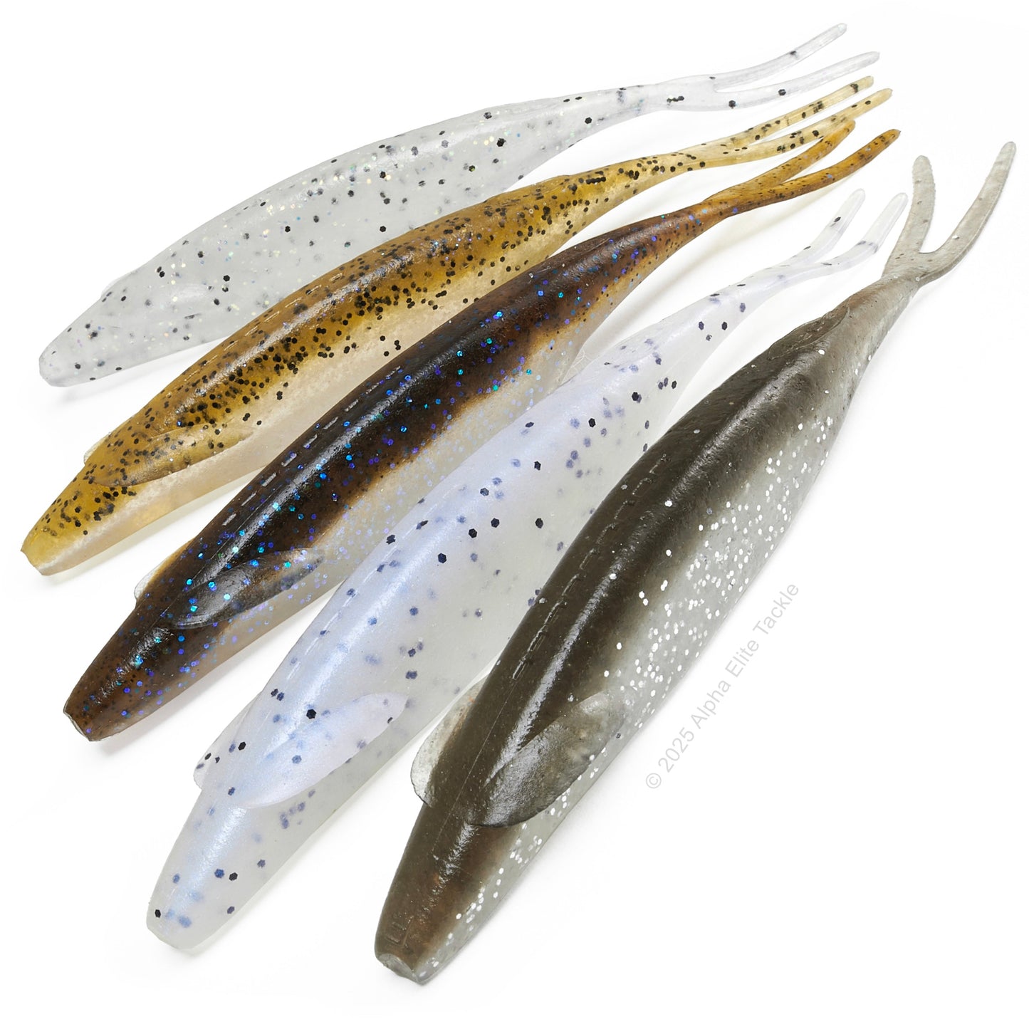 Close up of five different colored Deps Sakamata Shad on a white background.