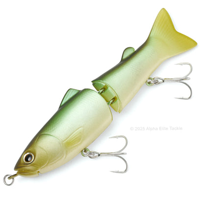 Close up of the Deps New Slide Swimmer 115 Slow Sinking Swimbait in the color Deadly Keta Hasu on white background