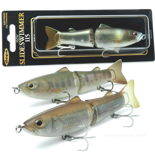 One package and two individual Deps New Slide Swimmer 115 Slow Sinking Swimbaits on white background