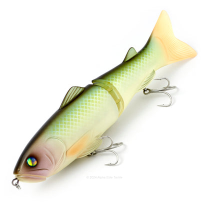 Close up of the Deps New Slide Swimmer 250 Slow Sinking Swimbait in the color Deadly Scale on white background