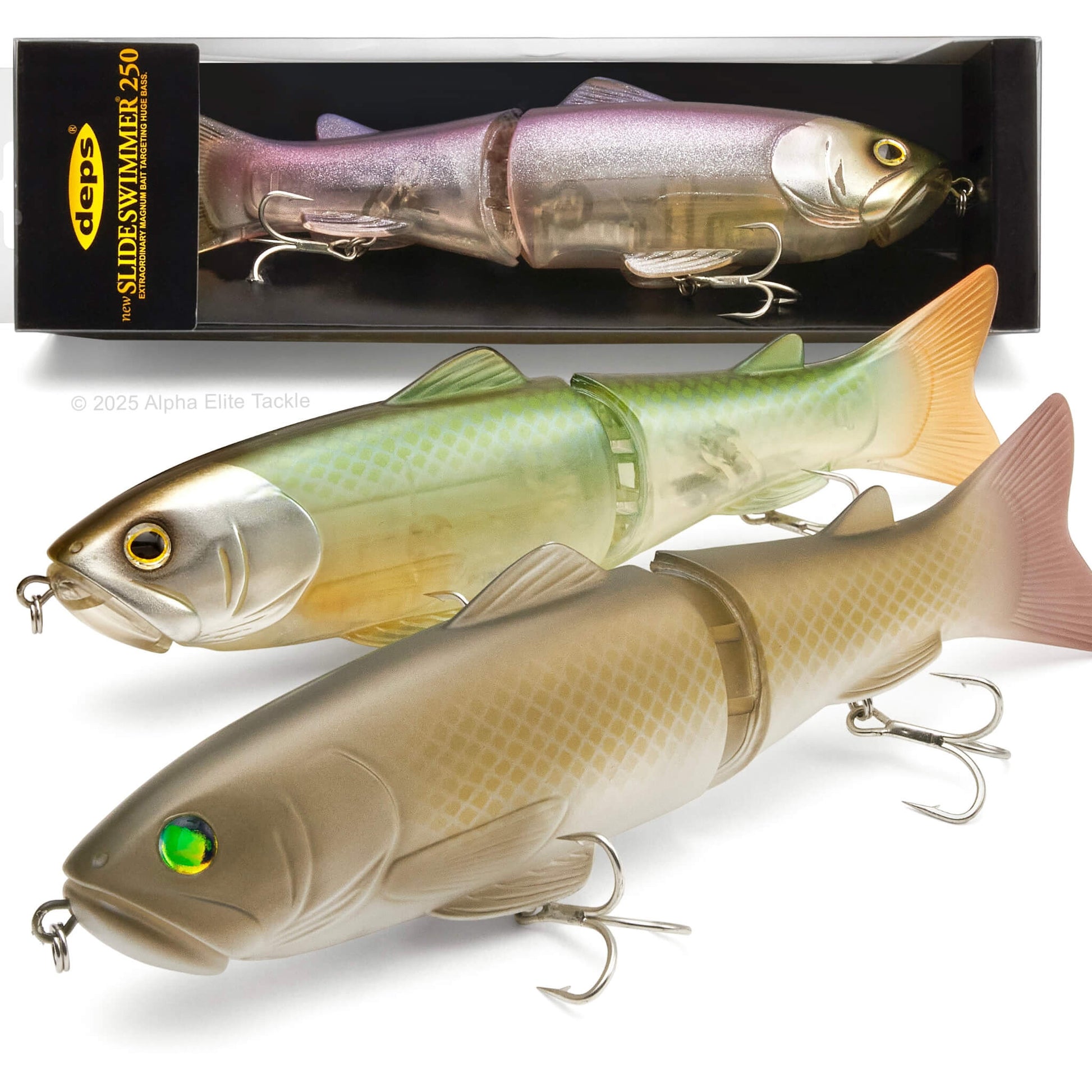 One package and two individual Deps New Slide Swimmer 250 Slow Sinking Swimbaits on white background
