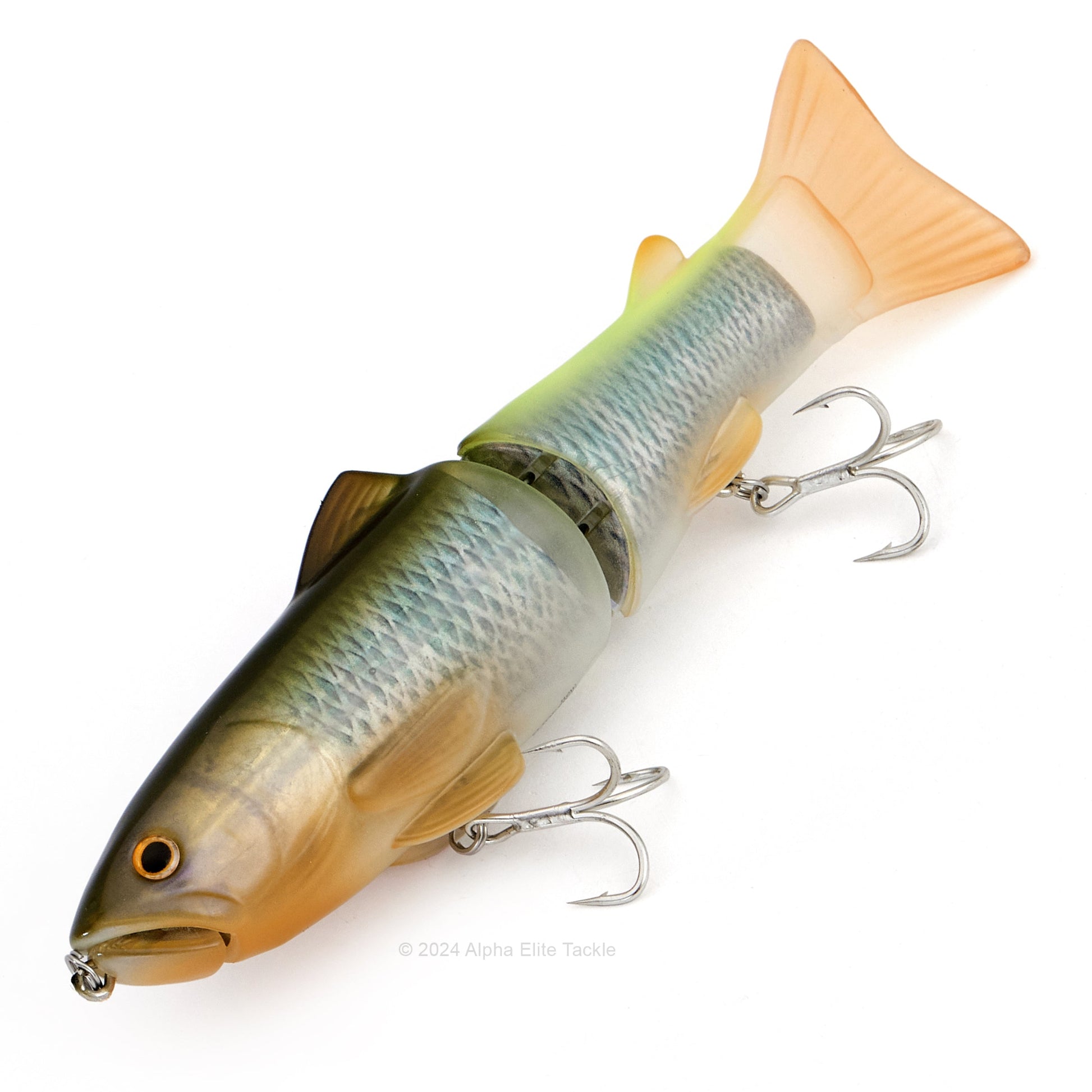 Realistic fish-shaped fishing lure with treble hooks on a white background