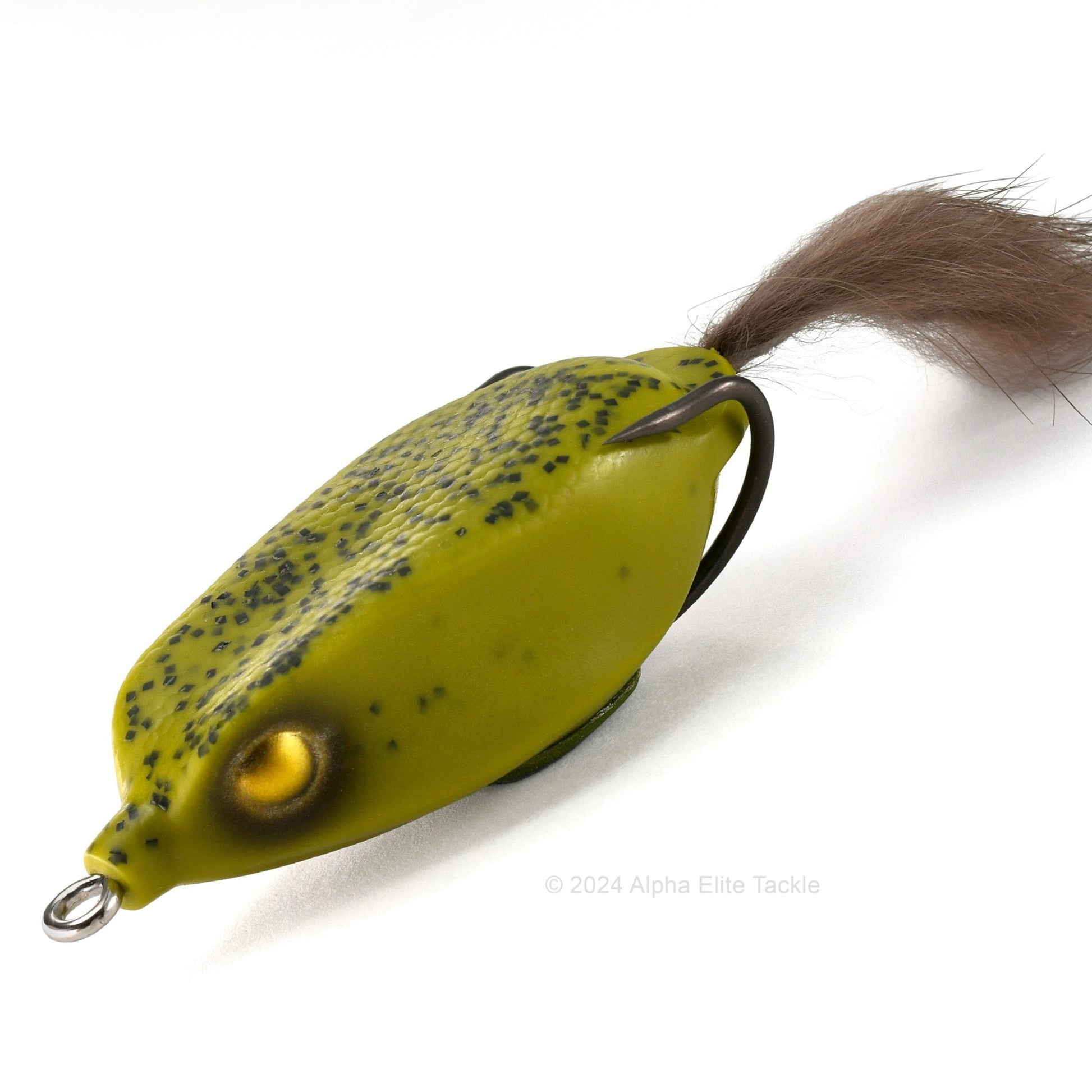 Close up of the Deps Slither K Hollow Body Frog in the color Moss Green on white background.