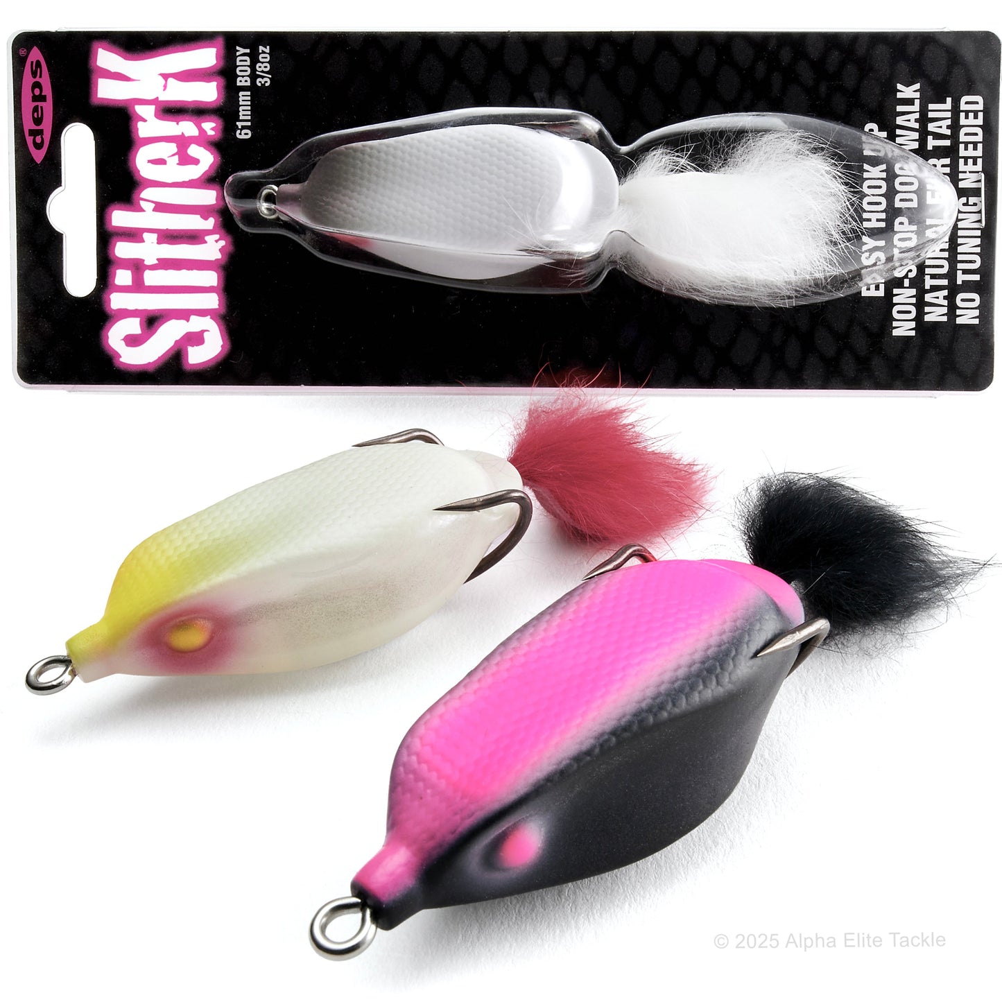 One Deps Slither K Hollow Body Frog in a package and two out of package on a white background.