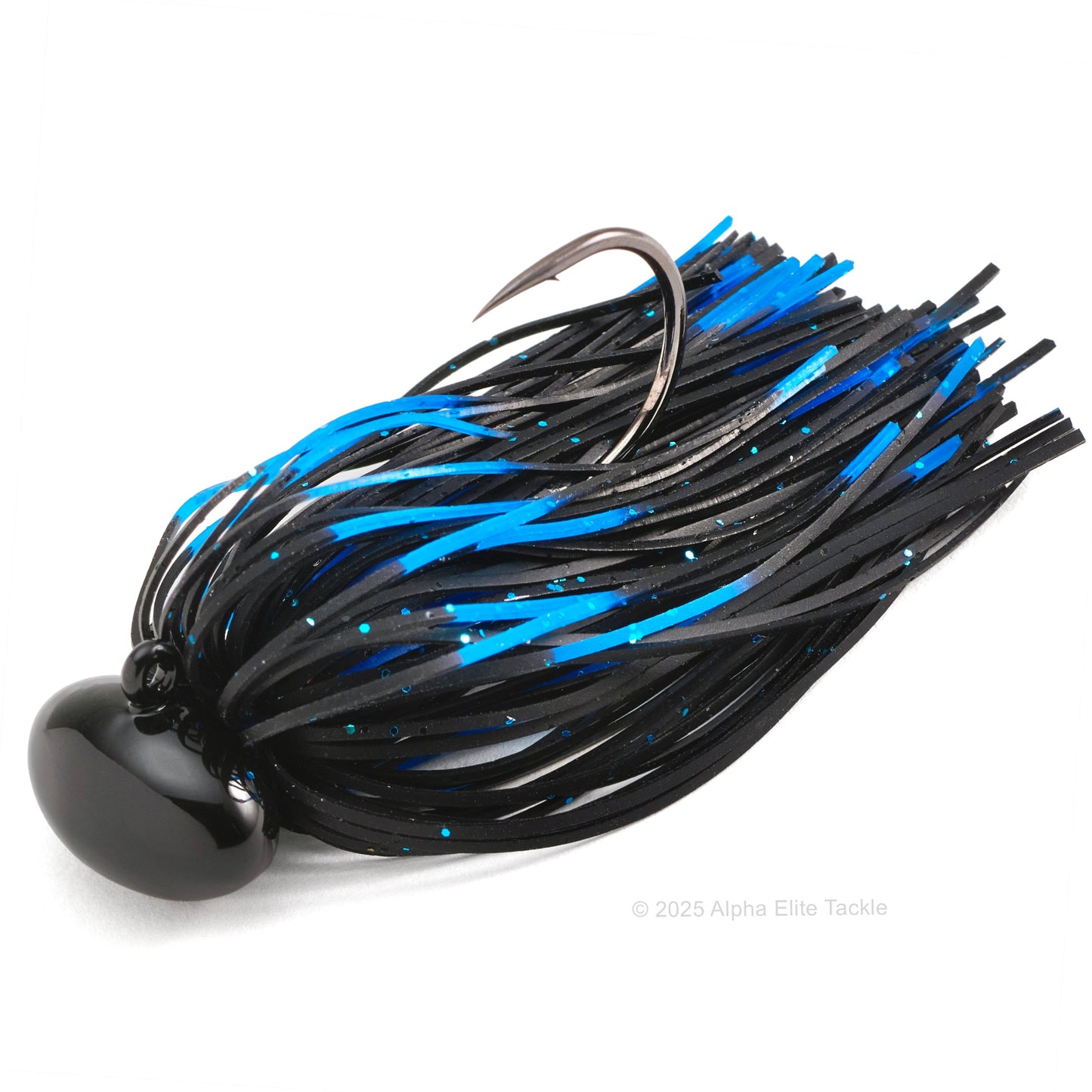 Close up of one Deps Super Head Lock Football Jig in the color Black Blue on a white background.