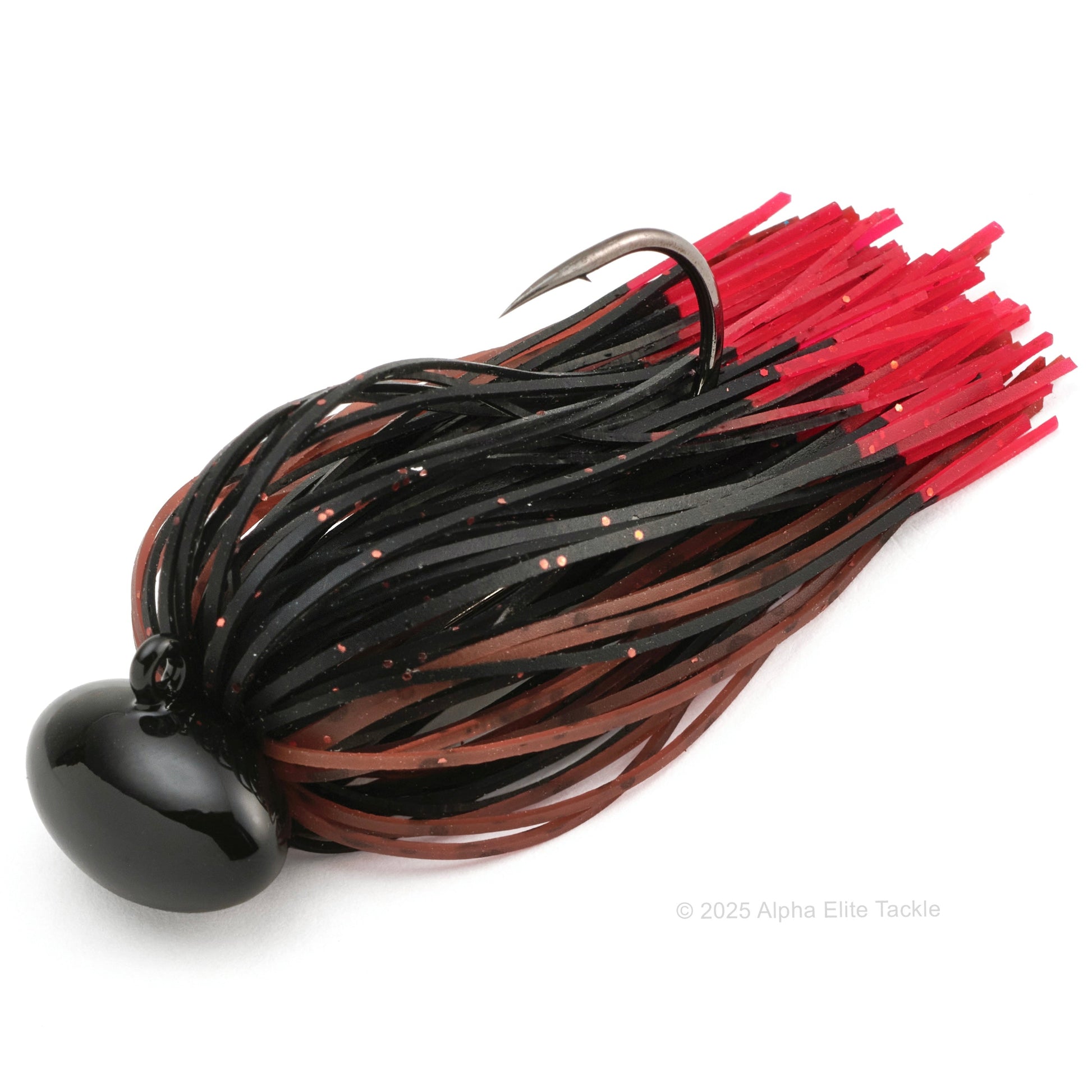Close up of one Deps Super Head Lock Football Jig in the color Fire Edge on a white background.