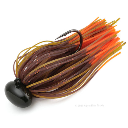 Close up of one Deps Super Head Lock Football Jig in the color orange edge on a white background.