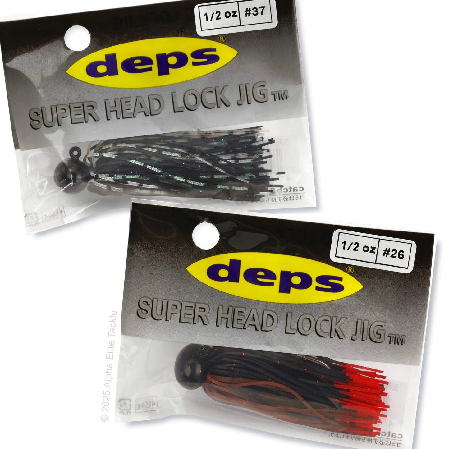 Close up of two Deps Super Head Lock Football Jigs packaging on a white background.