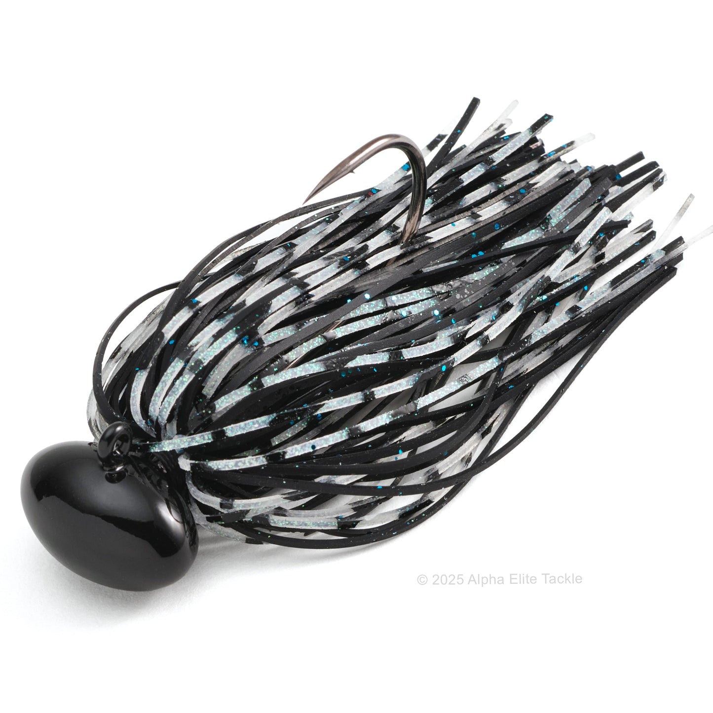 Close up of one Deps Super Head Lock Football Jig in the color Scale Black on a white background.
