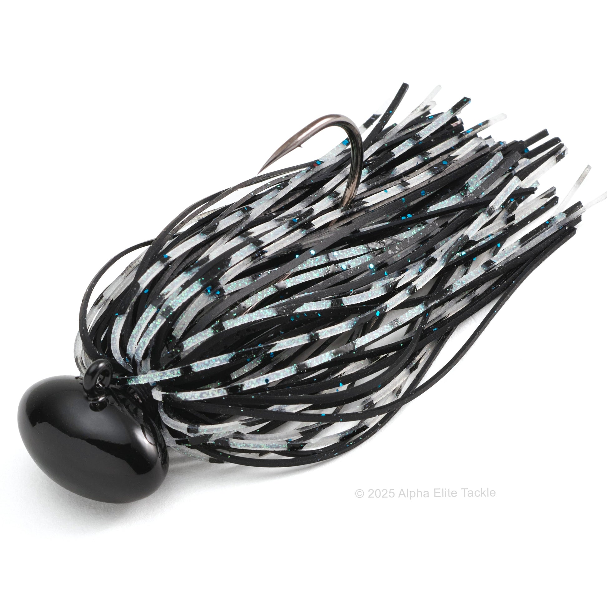 Close up of one Deps Super Head Lock Football Jig in the color Scale Black on a white background.