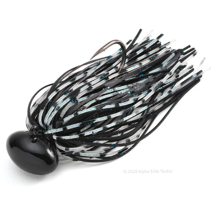 Close up of one Deps Super Head Lock Football Jig in the color Scale Black on a white background.