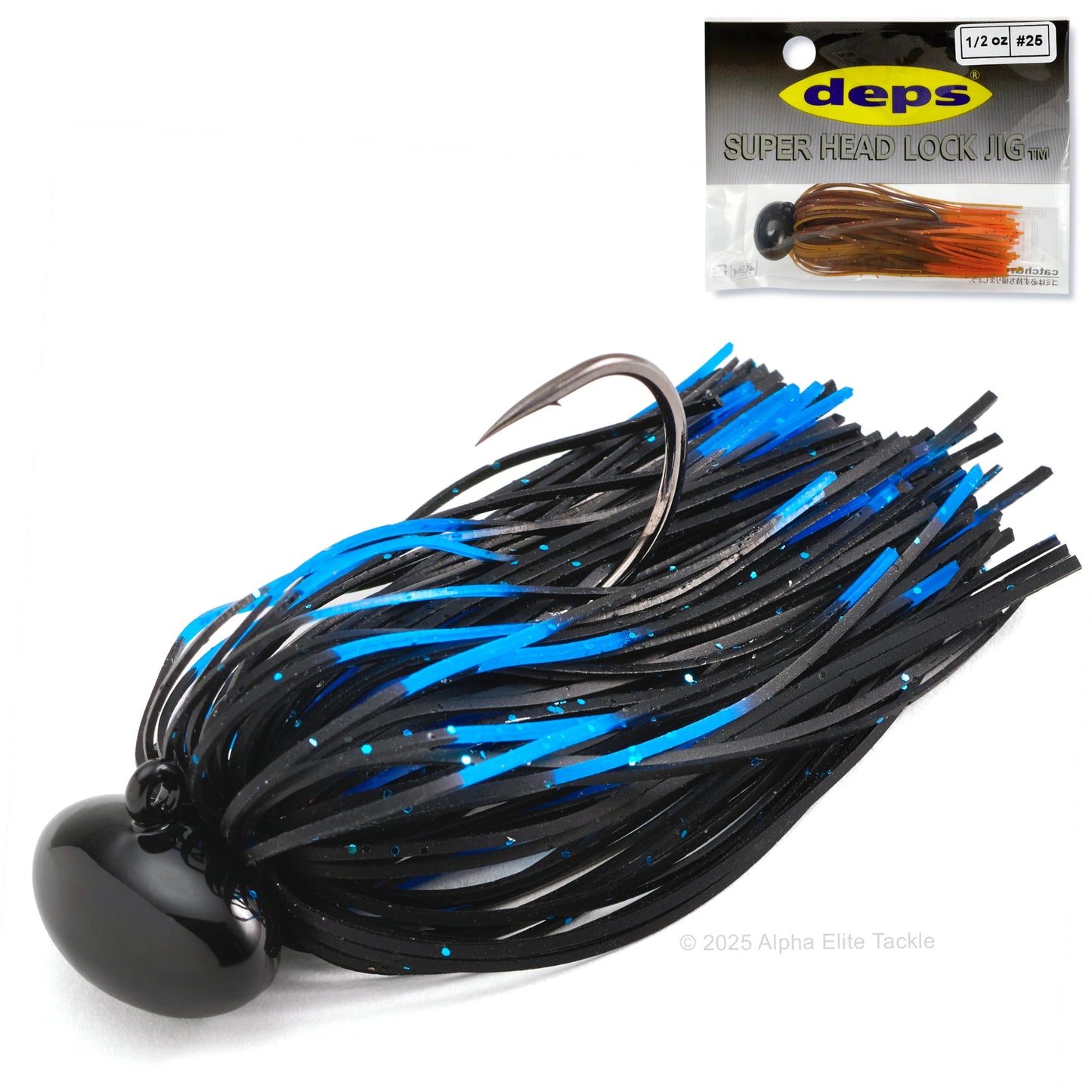 Close up of one Deps Super Head Lock Football Jig and packaging on a white background.