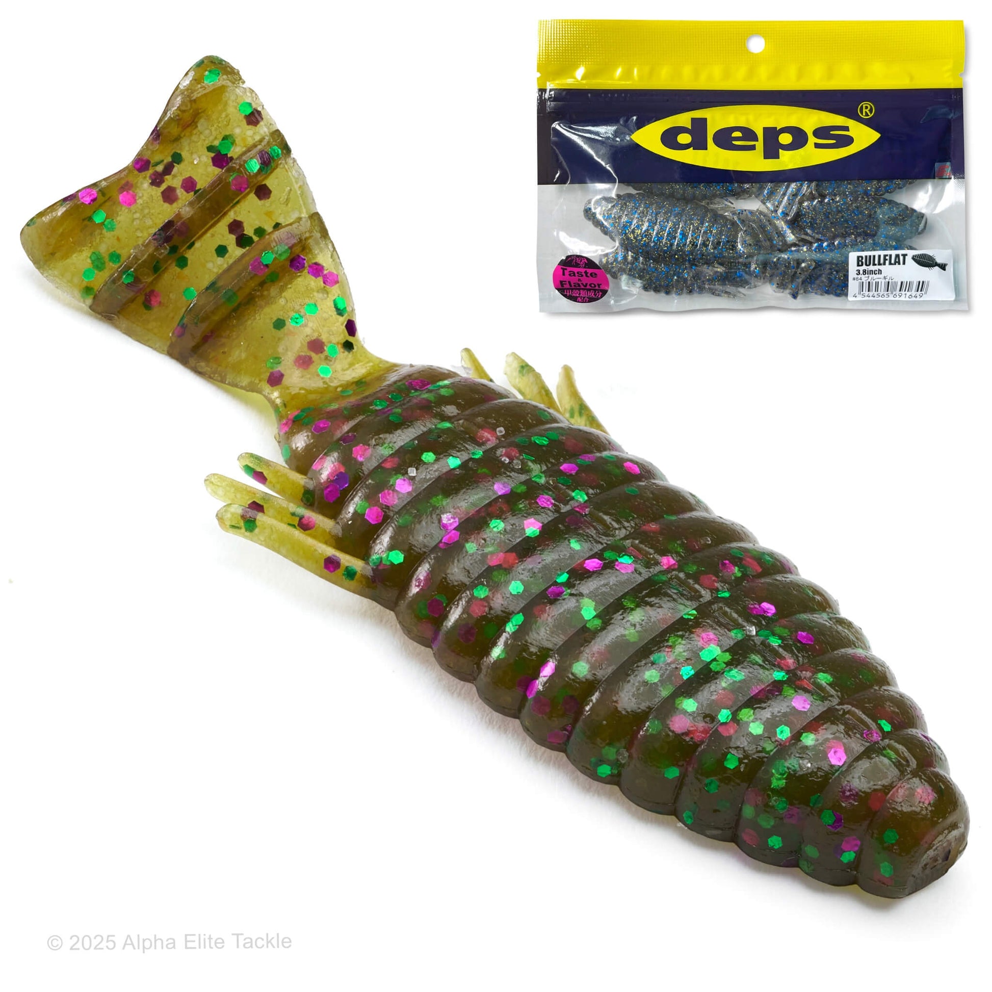 Deps Bull Flat creature bait in green Pumpkin with green and purple flake on a white background