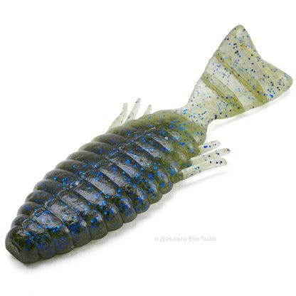 A soft plastic fishing lure shaped like a fish, shown on a plain white background. The lure has a segmented body with a dark olive-green and black base, covered in blue glitter, and translucent legs and tail.