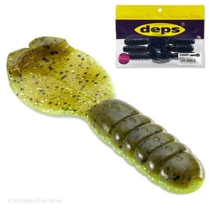 Fishing lure with speckled pattern and packaging displaying 'deps' brand.
