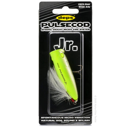 A Deps Pulsecod Jr. spring weight micro vise fishing lure in neon chartreuse green with a silver body and white feather accents, mounted on its original black blister card packaging.
