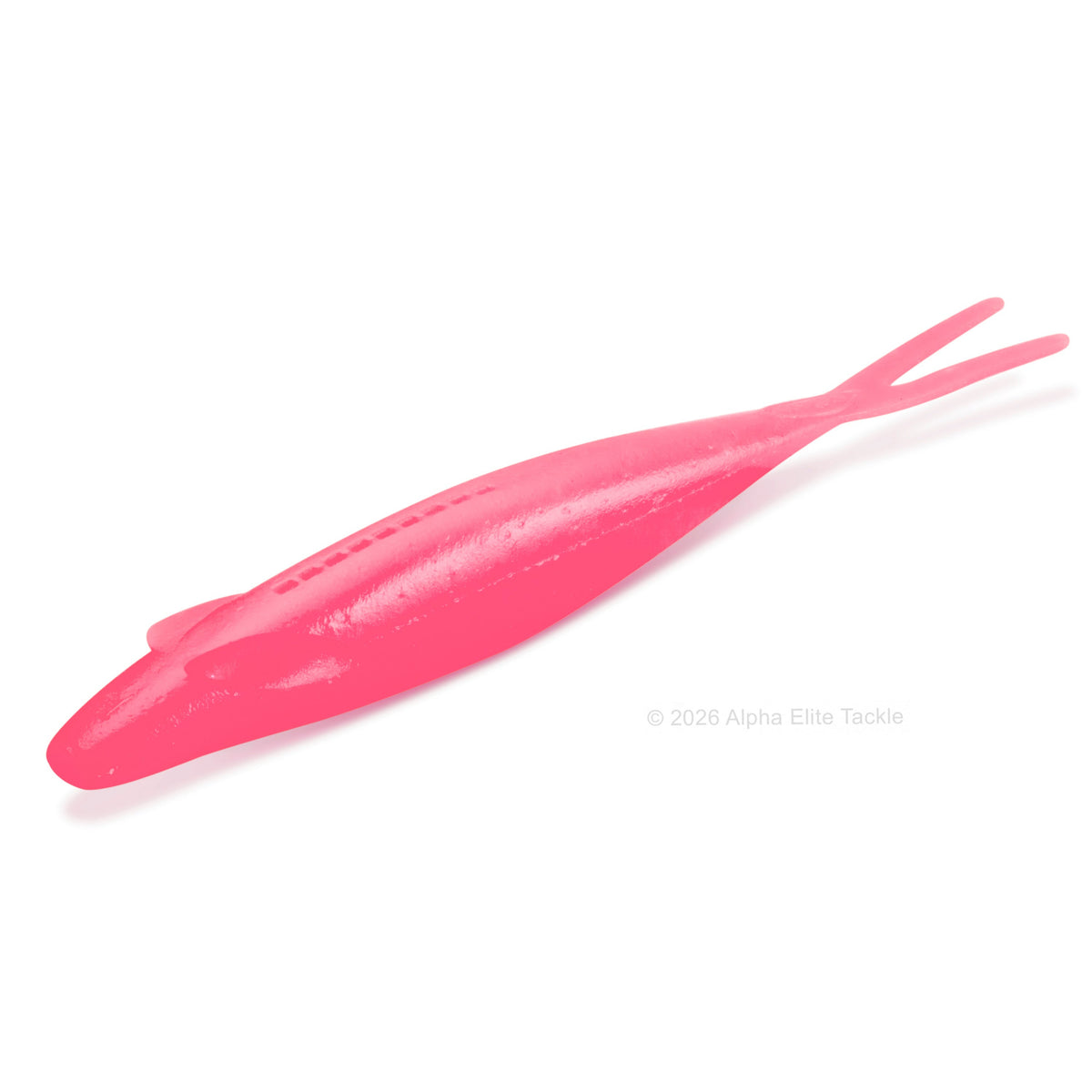 A bright pink soft plastic fishing lure shaped like a small baitfish, shown on a clean white background with a subtle shadow.