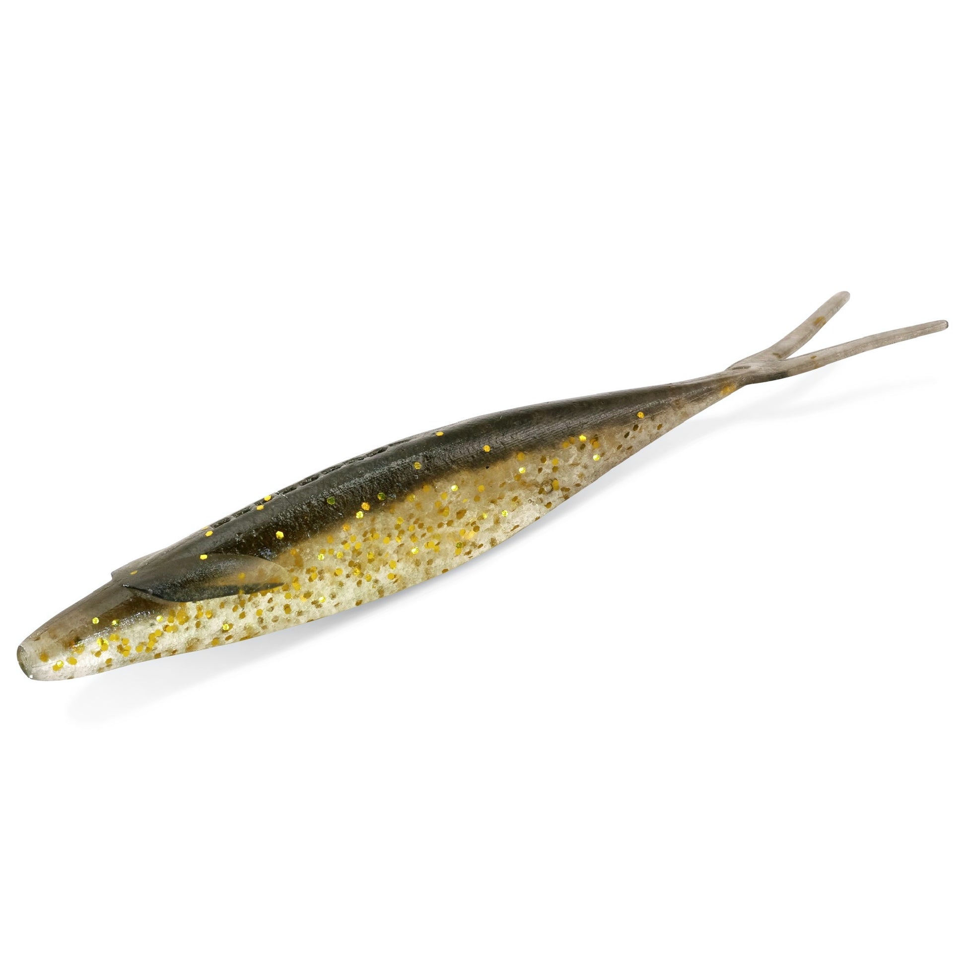 Deps Sakamata Shad in the color Golden Shiner with a dark brown back and clear with gold flake for the belly