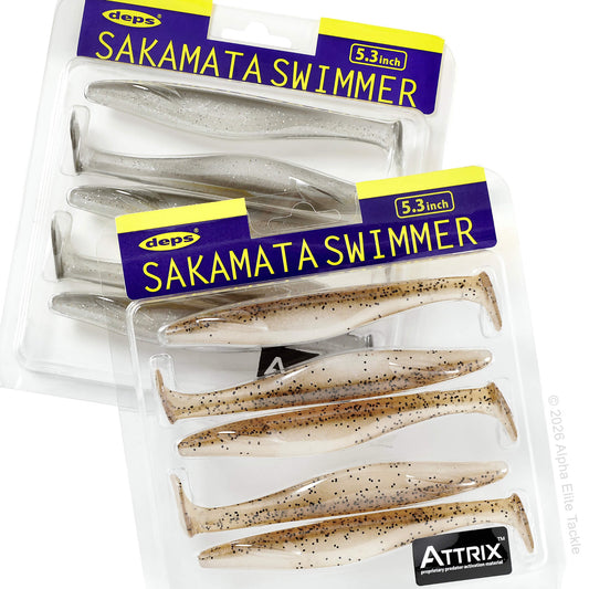 Packaged Sakamata Swimmer fishing lures with Deps branding on a white background