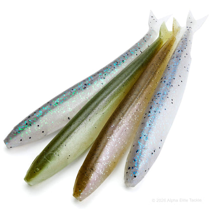 four colors of the dream express 6 inch scramble shad on a white background