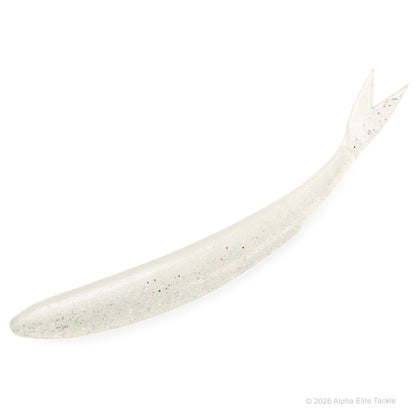 A translucent white soft plastic swimbait lure with fine iridescent glitter, shown on a solid white background.