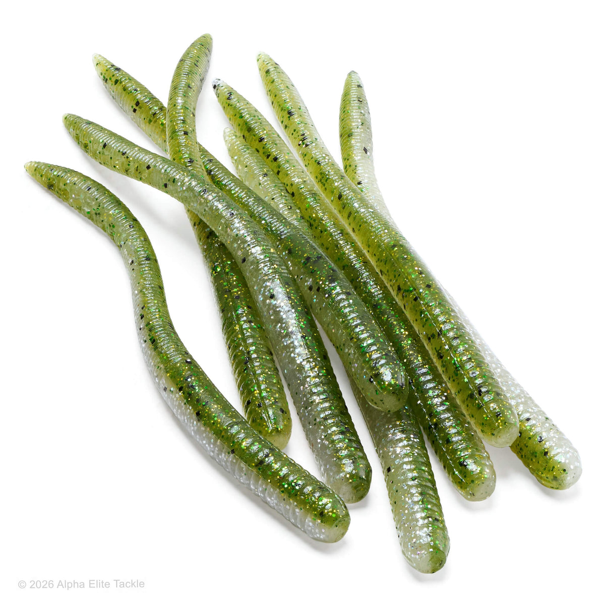 Six soft plastic fishing lures shaped like leeches, featuring a translucent olive green body with fine black glitter and a ribbed texture, arranged on a clean white background.