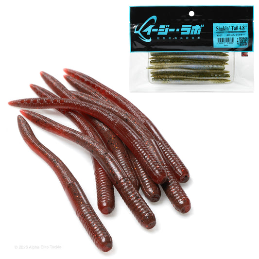 Close up of the EZ Lab Shaking Tail Soft Plastic Finesse Worm and its packaging on a white background