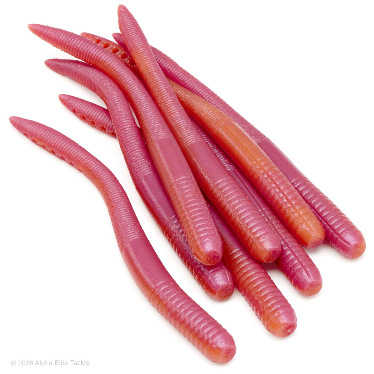 A pile of translucent pink and orange EZ Lab's Shakin Tail worms with ribbed bodies, arranged on a clean white background.