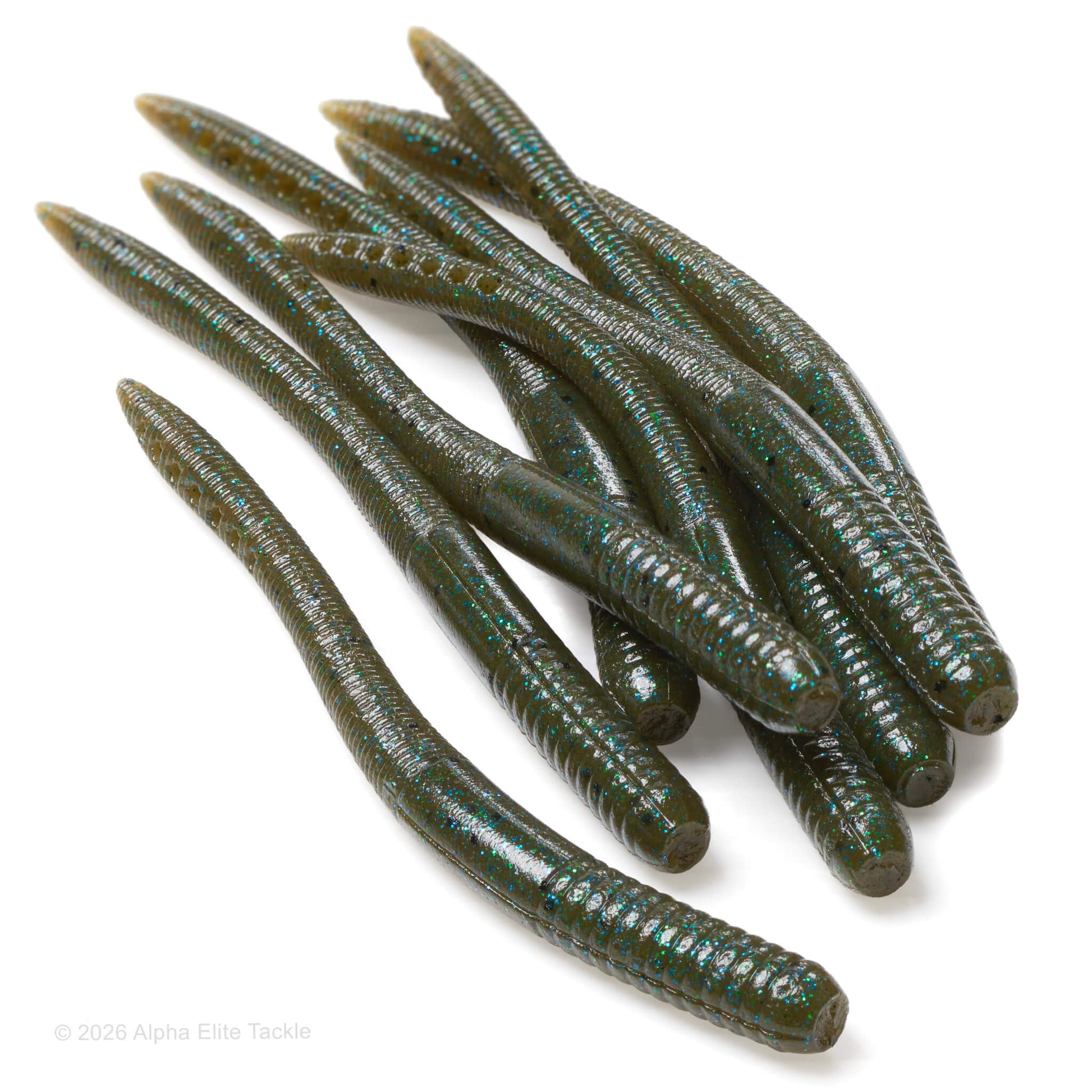 Close up of the EZ Lab Shaking Tail Soft Plastic Finesse Worm in the color Green Pumpkin Blue Flake on a white background.