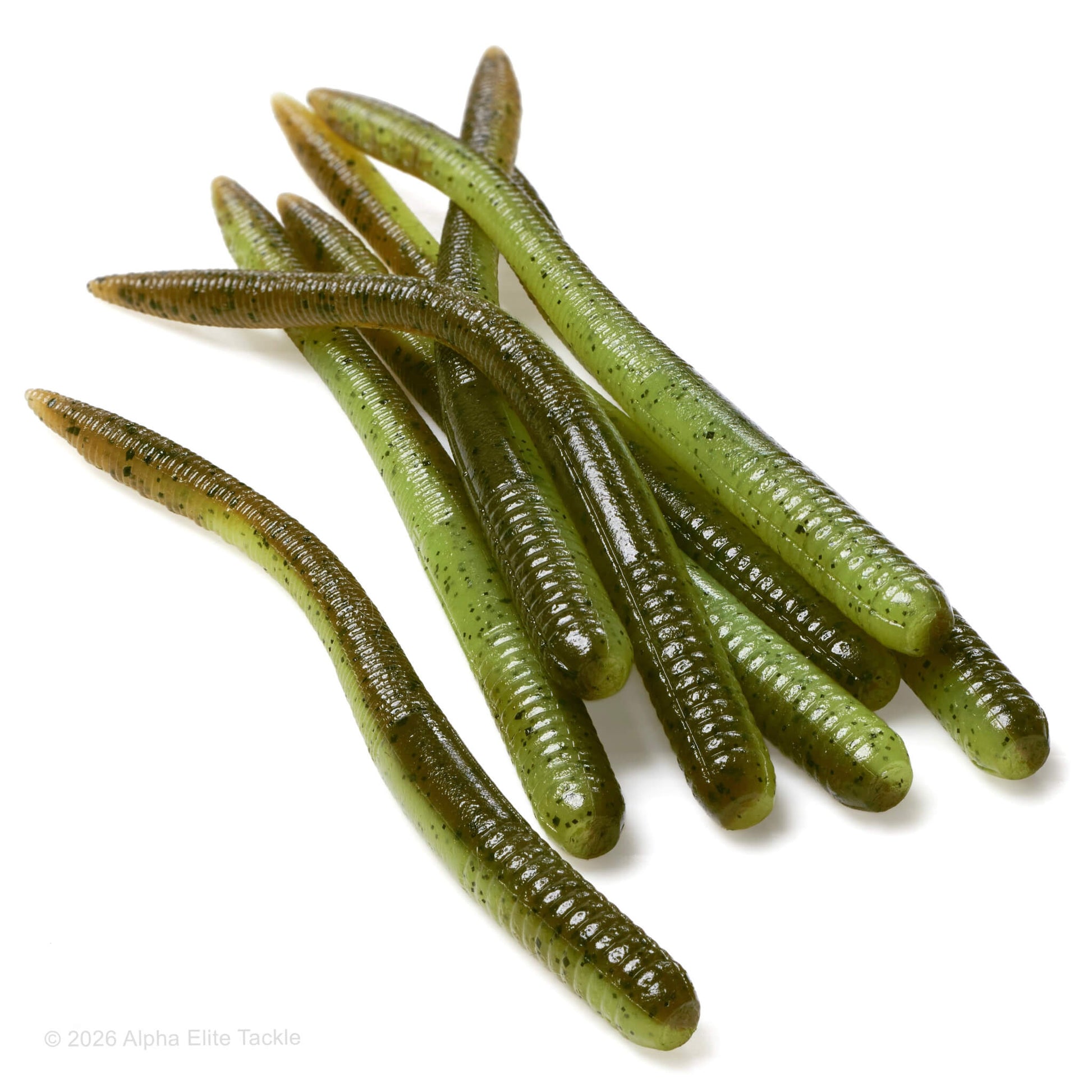 Close up of the EZ Lab Shaking Tail Soft Plastic Finesse Worm in the color Green Pumpkin Chartreuse on a white background.