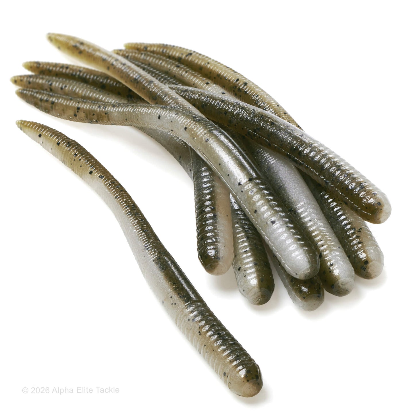 Close up of the EZ Lab Shaking Tail Soft Plastic Finesse Worm in the color Green Pumpkin Shad on a white background.