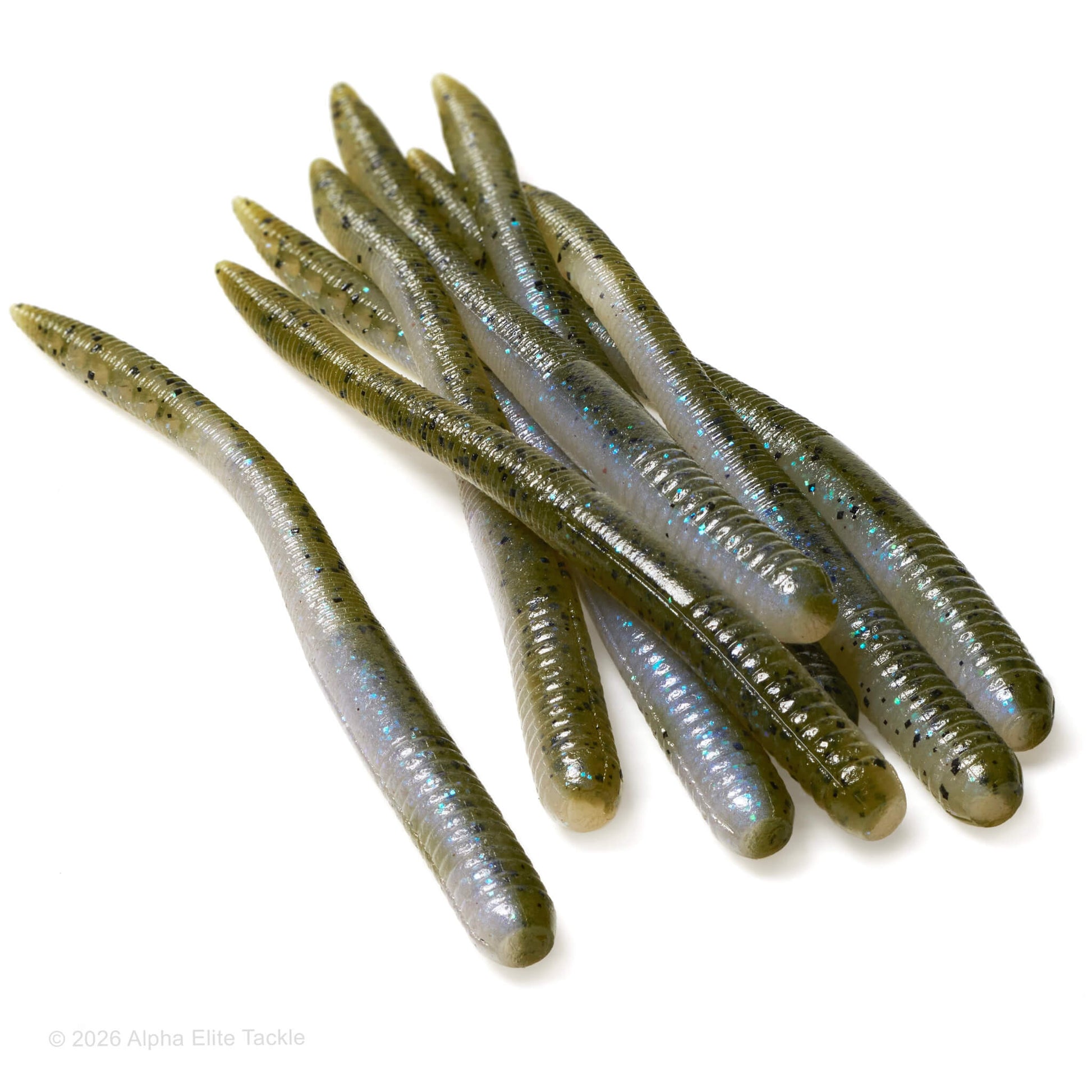 Close up of the EZ Lab Shaking Tail Soft Plastic Finesse Worm in the color Melon Shiner on a white background.