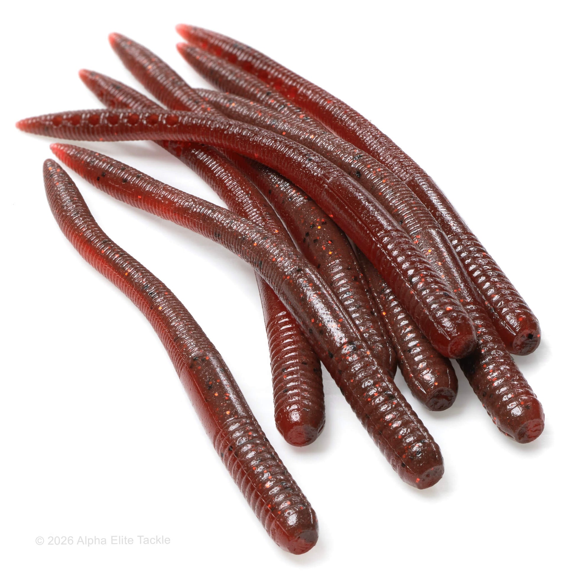 Close up of the EZ Lab Shaking Tail Soft Plastic Finesse Worm in the color Scuppernong Red Flake on a white background.